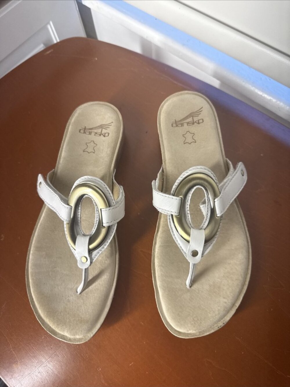 Dansko Rosalia adjustable thong sandal,  38(7 US), white with gold tone detail